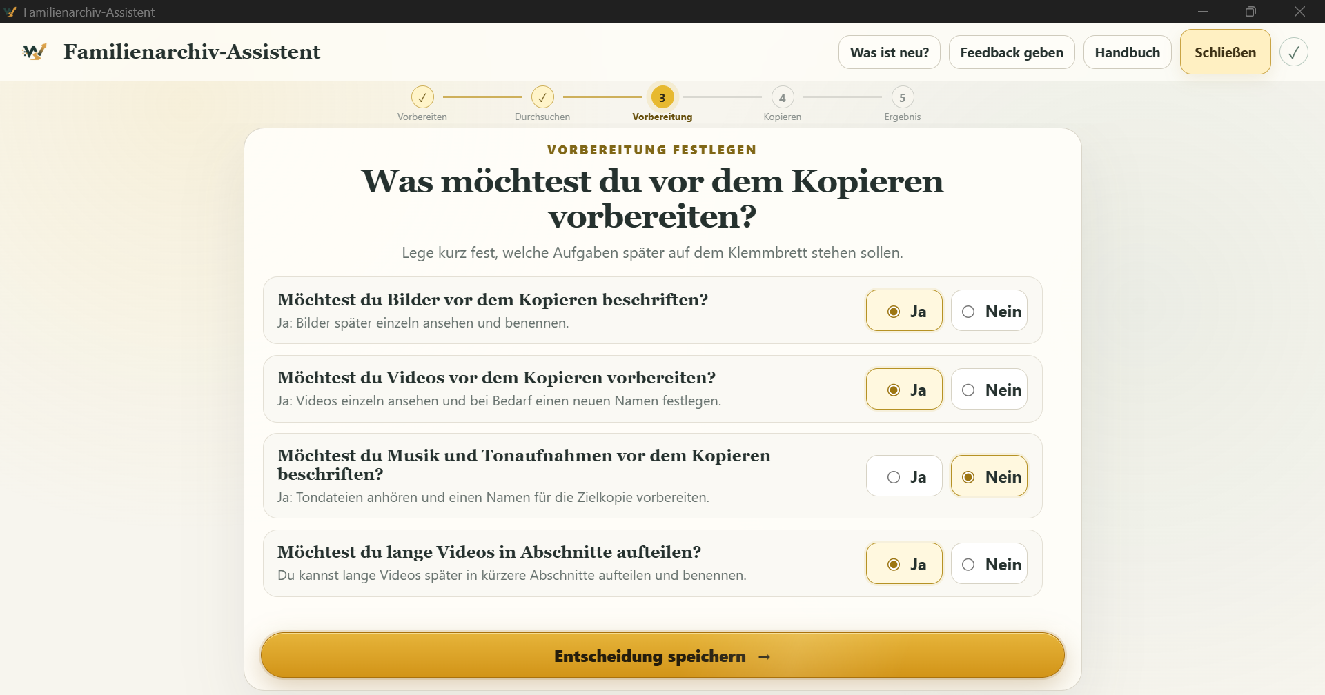 Auswahl der Aufgaben, die vor dem Kopieren der Familienmedien vorbereitet werden sollen.