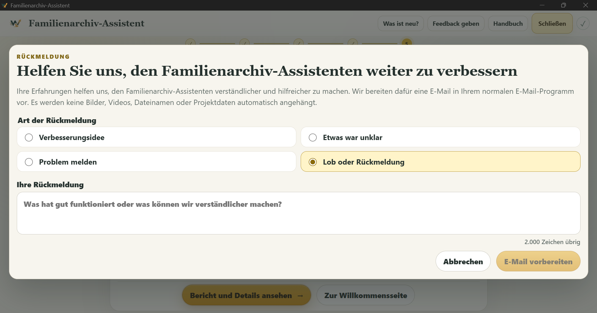 Feedbackdialog des Familienarchiv-Assistenten mit auswählbarer Rückmeldungsart und Vorbereitung einer E-Mail.