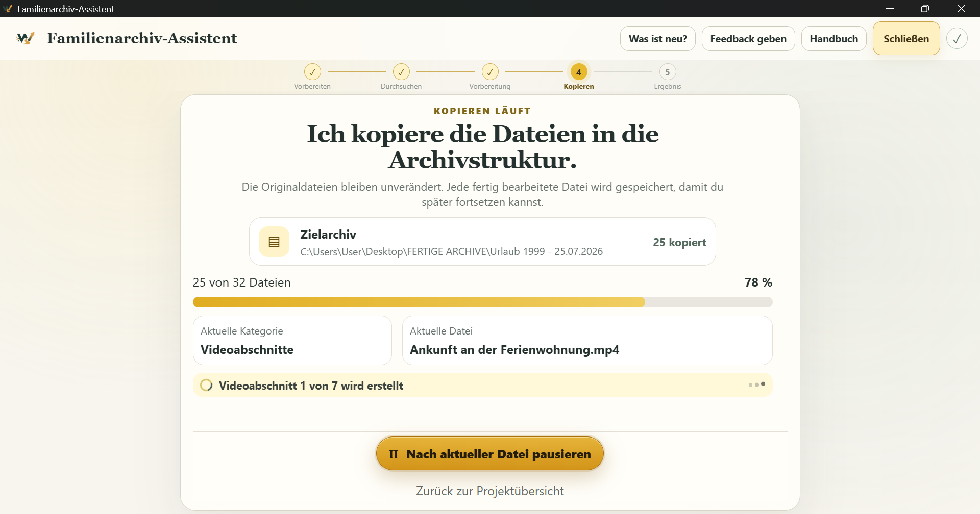 Laufender Kopiervorgang mit 78 Prozent Fortschritt, aktueller Videodatei und Pausenmöglichkeit.