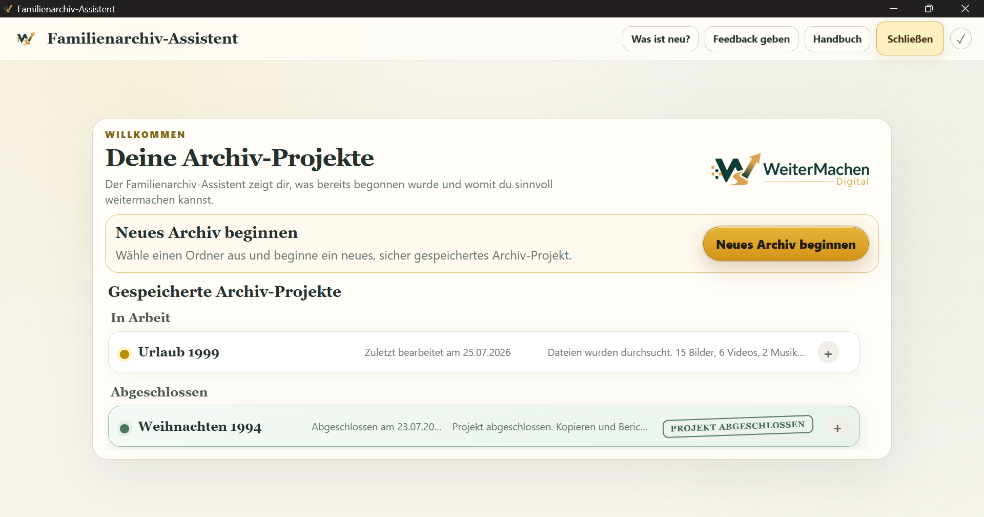 Willkommensseite des Familienarchiv-Assistenten mit laufenden und abgeschlossenen Archivprojekten.