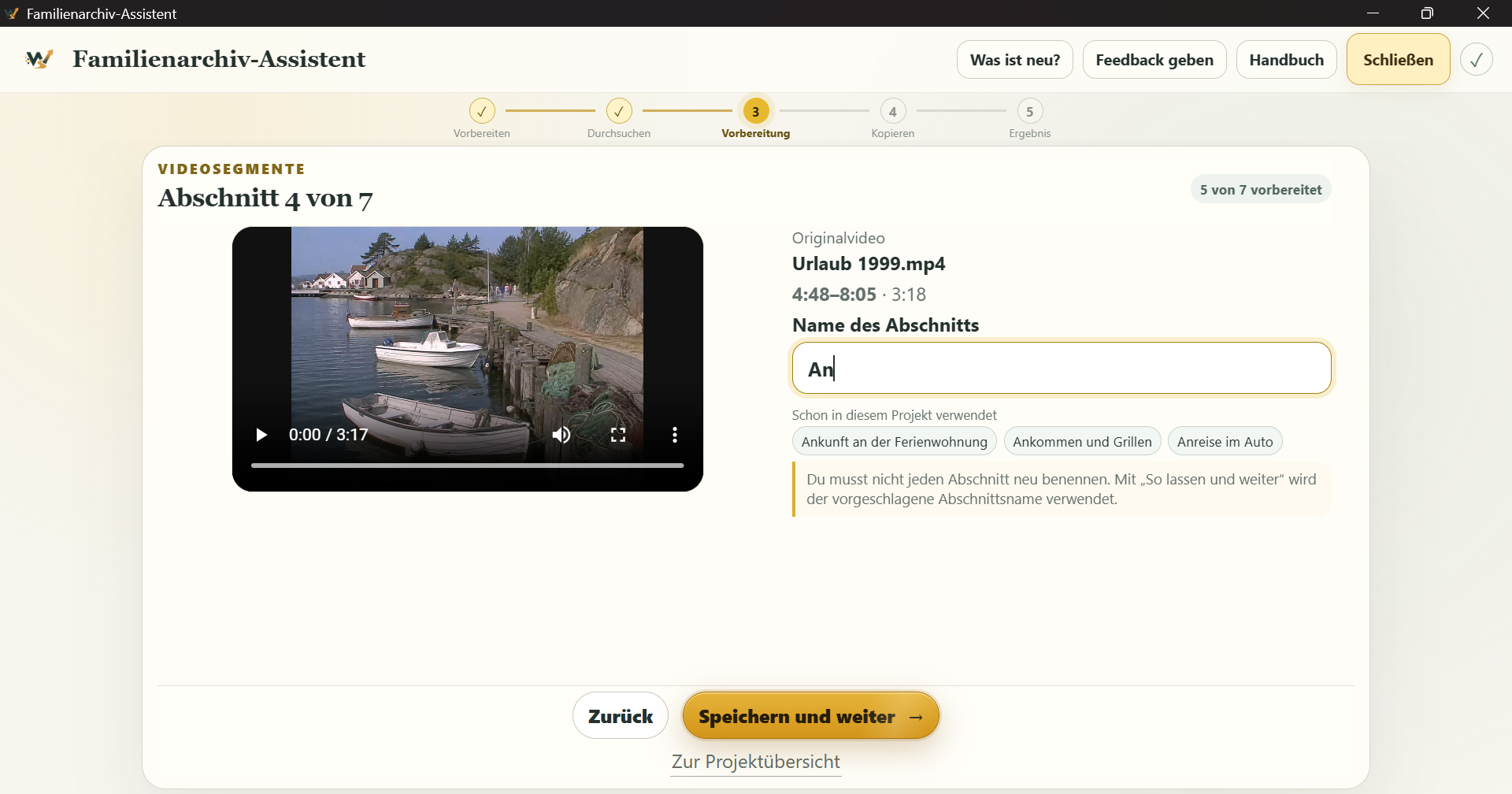 Vorschau des vierten von sieben Videoabschnitten mit Namensfeld und drei bereits im Projekt verwendeten Vorschlägen.